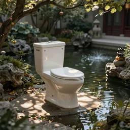 toilet in the middle of a spiritual garden pond