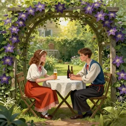 girl and boy sitting at table in garden. on the table there is beer and wine. the sun shines. folk horror style art. detailed. clematis. arbour