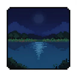 screenshot of pixel art landscape, night sky reflected in the water