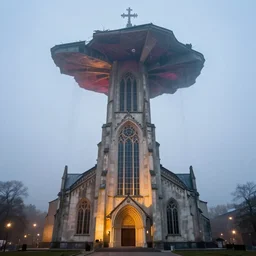 church of suspension, outside view, surrealism, brutalism, psychedelic, photorealism, artificial light, volumetric light, foggy