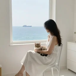 a woman in a white dress sitting on chair with a cat on her lap in a white room in vanice, there is a window to the sea. there is a ship in the horizon.