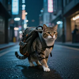 photography of a Cat carrying a backpack .  in a cyberpunk street. award winning photo, led lighting, night, 24mm, sharp, high res