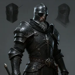 a digital art portrait of grim dark cursed black paladin knight without helmet in style of dark souls, an old warrior with eye patch and grey beard character design, character sheet, 4 k, ultra detail, volumetric lighting, unreal engine, octane render