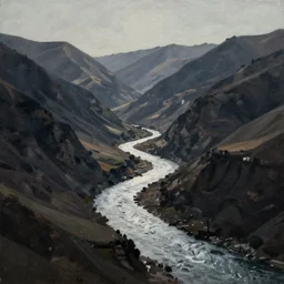 a minimalist painting of a river going through a valley