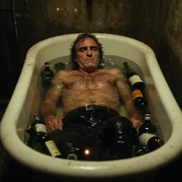 the top shot of old wrinkled drunkard ( ( joaquin phoenix ) ) lying in old cast iron bath filled with bottles in the water, cinematography of christopher doyle, dark old dirty room, anamorphic, optical flares, kodak film, sharp focus, realistic, 8 k h 7 6 8
