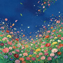 night sky full of flowers, floating details, leaves by miyazaki, colorful palette illustration, kenneth blom, mental alchemy, james jean, pablo amaringo, naudline pierre, contemporary art, hyper detailed