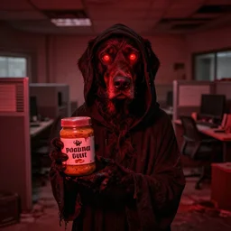 cultist dog glowing red eyes holding a jar of cursed forbidden peanut butter, lovecraftian horror, dramatic red scary lighting, horror, eldrich dog, red hue, creepy abandoned office cubicle in the background