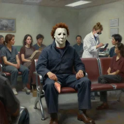 dynamic painting of Michael Myers sitting in the waiting room of an optometrist amongst other patients, sharp focus, trending on ArtStation, masterpiece, by Greg Rutkowski, by Ross Tran, by Fenghua Zhong, octane, soft render, oil on canvas, moody lighting, high contrast, cinematic, professional environmental concept art