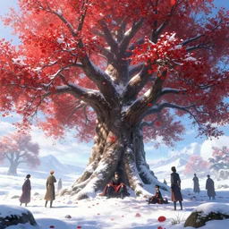 giant tree in snow with red flowers, leaves falling, warrior sitting under the tree, unreal engine, fantasy art by greg rutkowski, loish, rhads, ferdinand knab, makoto shinkai and lois van baarle, ilya kuvshinov, rossdraws, tom bagshaw, global illumination, radiant light, detailed and intricate environment