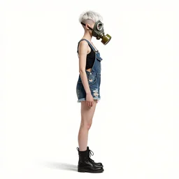 a grungy woman with short white hair, shaved sides short top, soft eyes and narrow chin, dainty figure, torn overalls, short shorts, combat boots, gasmask, basic white background, side boob, symmetrical, single person, style of by jordan grimmer and greg rutkowski, crisp lines and color,