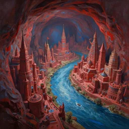 a highly detailed 4 k fantasy matte oil painting by afremov of city inside cave built around a long river. artstation, cgsociety, unreal engine, concept art, red and blue color scheme.