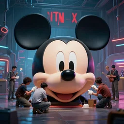 the wide shot of a group of people repairing the head of mickey mouse in hangar, a netflix logo on the background, cyberpunk art by greg rutkowski, cgsociety, retrofuturism, concept art, 1 8 mm lens