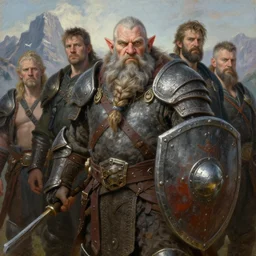 Portrait of a heavily armored bulky fantasy dwarf with a braided beard holding a metal shield, mountains in the background, 4k oil on linen by andrei riabovitchev, nuri iyem, james gurney, james jean, greg rutkowski, highly detailed, soft lighting 8k resolution