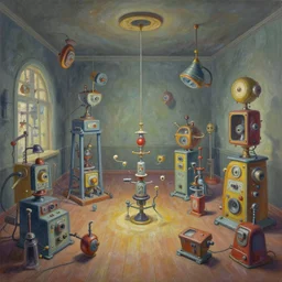 painting of a whimsical and slightly unsettling room of a Giggle Factory, scattered errant machines, rube goldberg