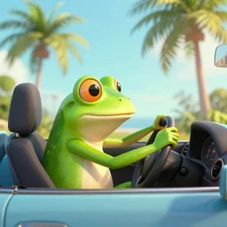 frog with human body driving a car, palm trees