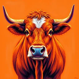 photo of a cow, orange and purple neon detailed and shinny glitter art, van gogh style