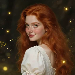 a highly detailed, hyper realistic, gorgeous portrait with torso of a red haired young woman, among wonderful golden fireflies, long hair, green eyes, hint of freckles, round gentle face, cheeky smile, seen from behind, white romantic dress with intricate details, deep focus, elegant, digital painting, smooth, sharp, golden ratio, illustration, art by artgerm and caravaggio