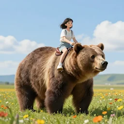 girl riding a giant grizzly bear in a field of flowers, trending on artstation