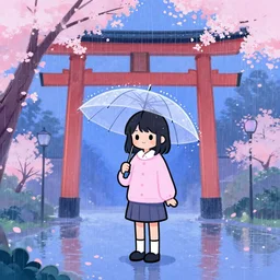 beautiful drawing style, lone girl holding umbrella, contrast, visible rain, vaporware cartoon manga japan!! 👘🌸⛩ background, vibrant neon pastel, kawaii, rainy gloomy, rainy night