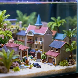 macro close up of a miniature village  within an aquarium, 4k