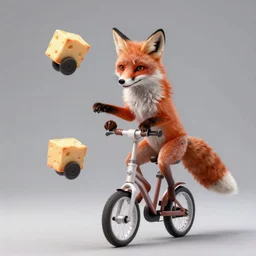a fox animal juggling wheels of cheese while riding a unicycle