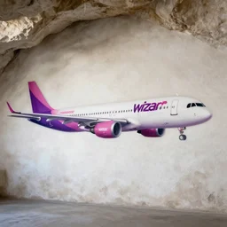 cave - wall drawing of a wizzair airbus a 3 2 1 neo landing at skiathos airport, low over the heads of the people on the beach