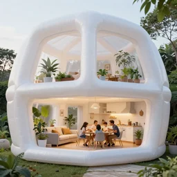 inside inflatable organic wood home. translucent white inflatable fabric. very tall living room and kitchen. a family eating breakfast at the kitchen table. strong woven texture. geodesic cellular geometry. hydroponic garden. architectural photography. unreal engine, 4 k, 8 k. volumetric lighting.