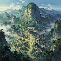 a powerful japanese village high in mountains, concept art by moebius and laurie greasley and greg rutkowski, fantastic landscape, 8 k, cinematic color grading