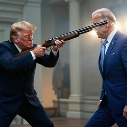 joe biden as the terminator shooting Donald Trump with a shotgun, cinematic, establishing shot, extremly high detail, photorealistic, cinematic lighting, artstation, style by James Gurney