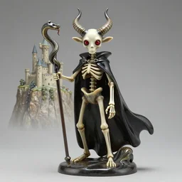A beautiful kinetic sculpture of a horned, red-eyed, skeleton-like creature, with a long black cape, and a staff with a snake wrapped around it, standing in front of a castle atop a cliff.  by René Lalique soft, casual
