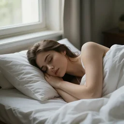 beautiful girl sleeping in bed looking at a window