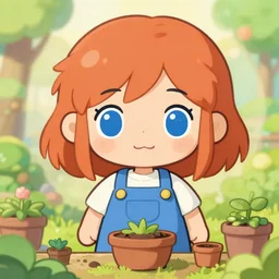 kawaii chibi art of a ginger girl with big blue eyes, overalls, studio trigger studio ghibli, kids book cover about gardening