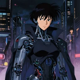 a japanese cyberpunk android hacker, finely detailed features, cyborg robot parts with glowing lights!, dramatic cinematic, night, at cyberpunk city, ghost in the shell, akira, noir, painted by greg rutkowski makoto shinkai takashi takeuchi craig mullins, alphonse mucha, studio ghibli, pixiv