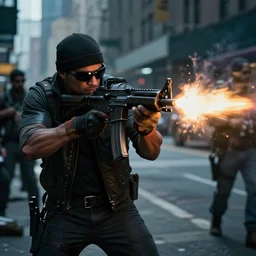a mafia gangster firing ar - 1 5, muzzle flash visible at the end of the barrel, highly detailed, photograph, firepower united, in new york street, cyberpunk