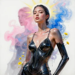 3 d, pink and blue smoke, sun rays, confident fashion model, sweat skin, liquid black metal, yellow flowers, poster art, high detail, intricate oil painting, multiple exposure, white mood, hyperrealism, 3 d, by tooth wu and wlop and beeple and greg rutkowski