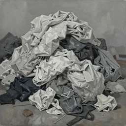 painterly warped wadded knotted heap, dull grey expressionism, masterful rendering of intricate moletn laundry construction rubble dark crevices