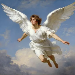 a beautiful male angel wearing white angelic clothes flying among heaven with a detailed face painted by thomas cole