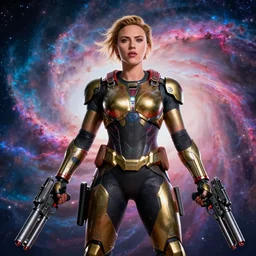 movie still frame, scarlet johansson in bio - armor and big guns in epic pose, a psychedelic nebula in the background, beautiful composition, 8 k, cgi, by ridley scott, zack snyder and michael bay