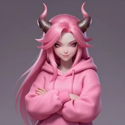 a highly detailed illustration of cute smug pink haired pale girl with horns wearing oversized pink hoodie, dramatic smirk pose, intricate, elegant, highly detailed, centered, digital painting, artstation, concept art, smooth, sharp focus, league of legends concept art, wlop.