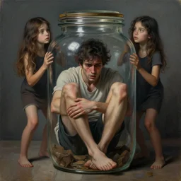 a terrified man sitting trapped inside a jar. whole body visible. beautiful detailed dramatic painting by artgerm and magali villanueve and michael whelan