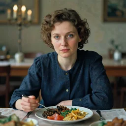 a russian woman sitting at a table with a plate of food, a character portrait by nadya rusheva, featured on cg society, neo - fauvism, movie still, 8 k, fauvism, cinestill, bokeh