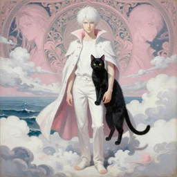 young vampire and her black cat  Portrait by Miho Hirano, full body ,manga, realistic, detailed, white, light pink tonalities, beautiful collage technique including clouds, sea, wind, ornate sea background, beautiful Fantasy detailed trending on artstation, oil painting,Dramatic lighting, eterea , high quality print, fine art with subtle redshift rendering