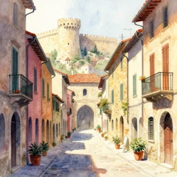 streets of a mediterranian medieval cyber town. watercolor by moebius and clamp, backlighting, vibrant palette.