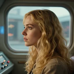 closeup profile photo of a young plejaden woman with wavy blonde hair in a retro spaceship with large windows, nicoletta ceccoli, mark ryden, lostfish, photography 4 k, f 1. 8 anamorphic, bokeh, 4 k, canon, nikon