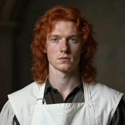 masterpiece closeup portrait of a young man with red hair in a white apron by Rembrandt, 4k, masterpiece, cinematic, dungeons and dragons, detailed