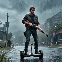 Alan wake standing on a hoverboard with a shotgun while rain pours down from above, HDR, 8k, trending on artstation
