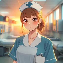 a film still of a cute nurse in nurse uniform, hospital ward, sunrise lighting, perfect faces, max details, anime, realistic, 8 k, hdr, by stephan koldi