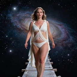 film still of curvy natalie portman, focus - on - facial - detail!!!!!!, walking on an invisible bridge, similar to the bifrost, toward an endless abyss in space, wearing a white flowy bikini inspired by ancient roman clothing, beautiful astronomical background with galaxies and nebulas, lack of sunlight, darkness of space, 8 k resolution, cinematic lighting, anatomically correct, by christopher nolan