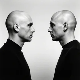 two men with bald heads are facing each other, a black and white photo by robert mapplethorpe, tumblr, naturalism, black and white, contrasting, photocopy