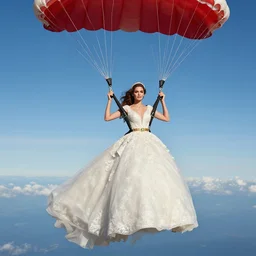 fashion model with wedding dress makes parachute jump, official versace editorial, highly detailed